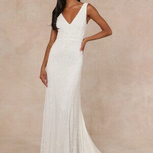 Lulus Passionate Romance White Beaded Sequin Mermaid Maxi Dress - Size S